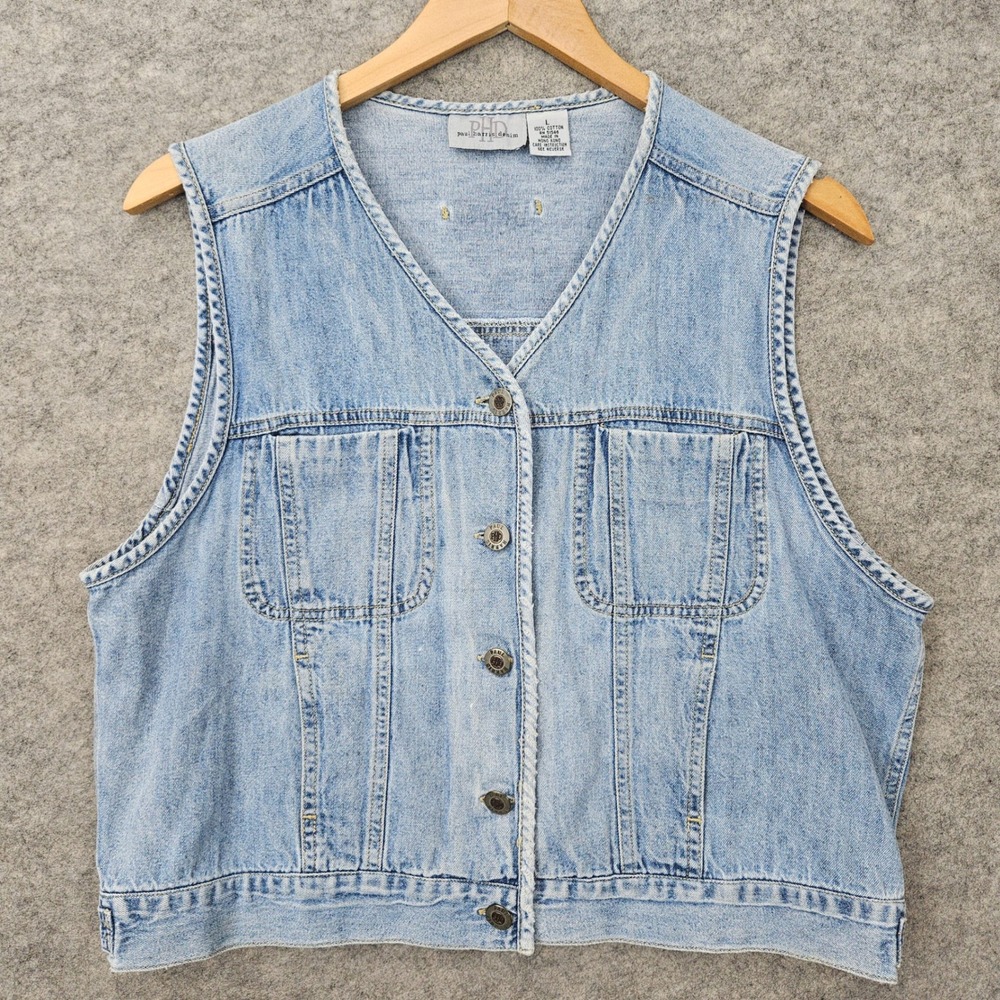 Paul Harris Denim Vest Women's Blue Large V-Neck Button Front Light Wash Cotton